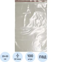 Пакет с замком Zip Lock 20 х 30 см, 60 мкм, с полосой для надп, 100 шт/уп