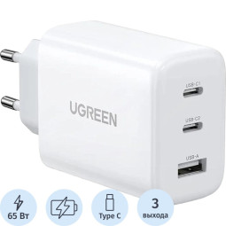 Зарядное устройство UGREEN CD275 (90496) USB-A+2xUSB-C 65W Fast EU. белый