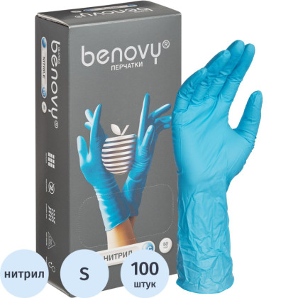 Перчатки нитрил, н/c, н/о, удлиненные, Benovy (S) 50п/уп, гол