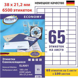 Этикетки самоклеящиеся Europe, ELA001, 38х21,2мм/65шт на листеА4 (100лист/у