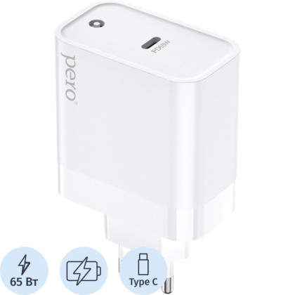 Зарядное устройство сетевое PERO TC16 GaN, USB-C PD, 65W белый