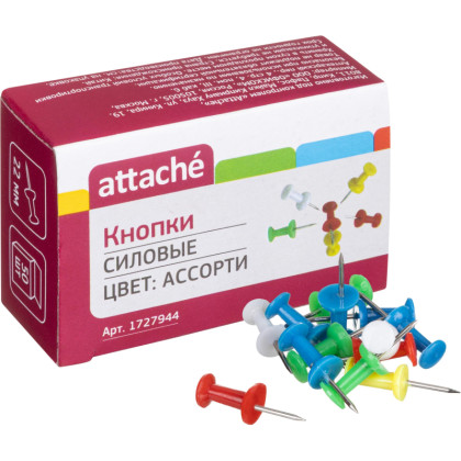 Кнопки силовые д/пробковых досок Attache,пластик,ассорти, 50 шт/уп