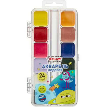 Краски акварельные Комус Класс Максики 24цв/наб,медов,квадр.кюветы,пл.пенал