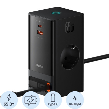 Зарядное устройство сетевое Baseus PSLR000301 2AC+1A+1C retr 65W черный