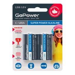 Батарейка GoPower LR14 C 2шт/бл Alkaline 1.5V (2/12/192)