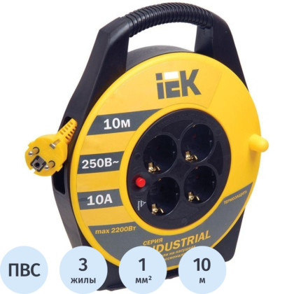 Удлинитель силовой IEK 4х10м 10А IP20 УК10 ПВС 3х1 с/з WKP14-10-04-10