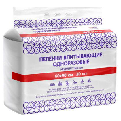 Пеленки впитывающие 60х90 см, Эконом, 30шт/уп