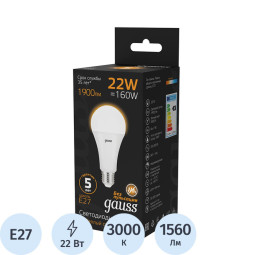 Лампа светодиодная Gauss 22W E27 A70 3000K 1560lm 102502122