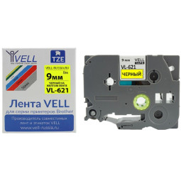 Картридж Vell VL-621 (Brother TZE-621, 9 мм, чер на желтом) для PT {Vell621