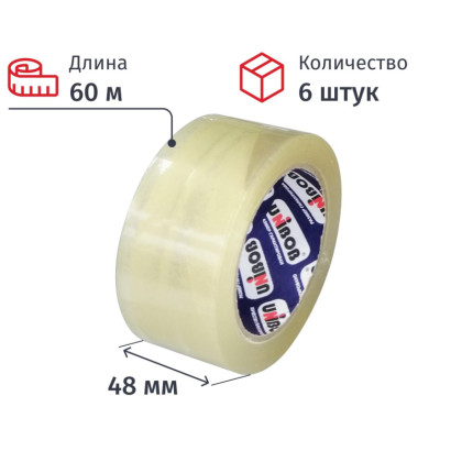 Клейкая лента упаковочная 48 мм х 60 м UNIBOB 60 мкм прозрачная 6шт/уп