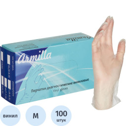 Перчатки одноразовые виниловые, н/о, прозр. Armilla (M), 50п/уп 4гр.,ПС