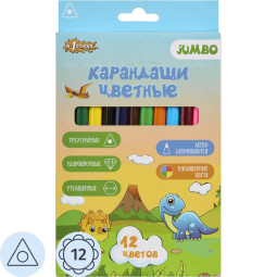 Карандаши цветные 12 цв. 3-гран №1School ДИНО утолщен