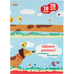 Картон цветной №1 School 10л,20цв,А4,мелов,двустор,в папке